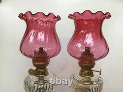 Victorian Pair Of Cut Crystal Peg Oil Lamps With Cranberry Glass Shades