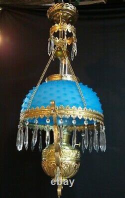 Victorian Parker Hanging Library Oil Lamp Satin Blue Glass Hobnail Shade Antique