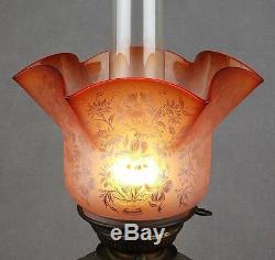 Victorian Peach Crystal Etched Duplex Kerosene Paraffin Oil Lamp Tulip Shade