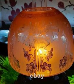 Victorian Peach/Orange Etched Glass Beehive Oil Lamp Shade, Daffodil, Perfect