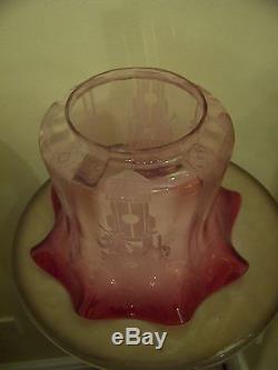 Victorian Pink/Cranberry brass oil lamp and shade