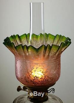 Victorian Pink Green Etched Glass Duplex Kerosene Paraffin Oil Lamp Tulip Shade