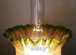 Victorian Pink Green Etched Glass Duplex Kerosene Paraffin Oil Lamp Tulip Shade