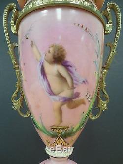 Victorian Pink Opaline Ormolu Cherub Oil Lamp with Victorian Etched Shade