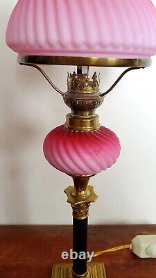 Victorian Pink Satin Glass Lamp Converted to Electricity Peg Parlor Oil Lamp 18