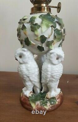 Victorian Porcelain 3 Owls Nursery Oil Lamp French Gaudard Burner