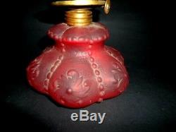 Victorian RUBY SATIN GLASS miniature OIL LAMP 7 3/4 P&A Co. Burner