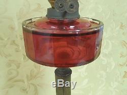 Victorian Ruby Cranberry Glass Column Banquet Oil Lamp with Nailsea Glass Shade