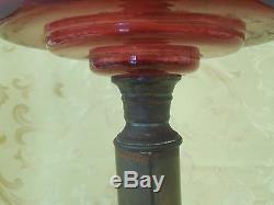 Victorian Ruby Cranberry Glass Column Banquet Oil Lamp with Nailsea Glass Shade