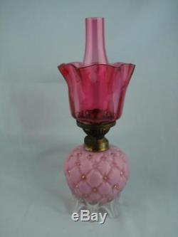 Victorian Small Oil Lamp, Cushioned Pink Font, Cranberry Shade & Chimney