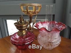 Victorian Solid Brass Dragon Dark Cranberry Glass Figural Oil Lamp Etched Shade