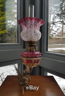 Victorian Solid Brass Dragon Dark Cranberry Glass Figural Oil Lamp Etched Shade