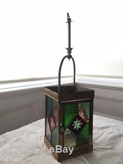 Victorian Stained Leaded Glass Hall Lantern With Original Oil Lamp