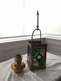 Victorian Stained Leaded Glass Hall Lantern With Original Oil Lamp