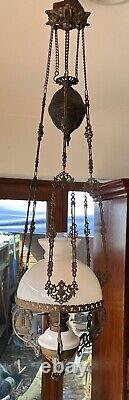 Victorian Suspension Lamp, With Opal Dome Shade & Duplex Burner/Chimney