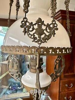Victorian Suspension Lamp, With Opal Dome Shade & Duplex Burner/Chimney