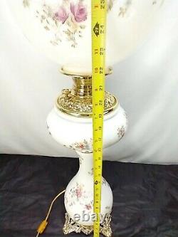 Victorian Three 3 Tier Banquet Oil Lamp Hand Stenciled GWTW Roses Daisies