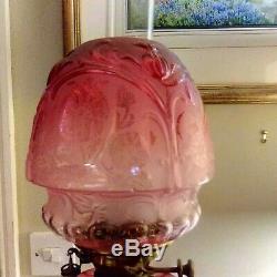 Victorian Twisted Column Oil Lamp With Cranberry Font And Etched Cranberry Shade
