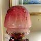Victorian Twisted Column Oil Lamp With Cranberry Font And Etched Cranberry Shade