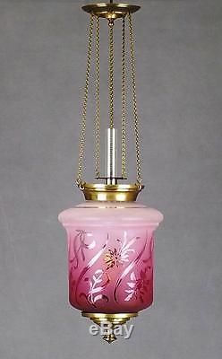 Victorian Veritas Art Nouveau Cranberry Glass Kerosene Paraffin Hall Oil Lamp