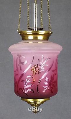 Victorian Veritas Art Nouveau Cranberry Glass Kerosene Paraffin Hall Oil Lamp