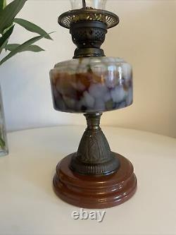 Victorian Veritas Ceramic Base & Brass Oil Lamp Stunning Art Glass Twin Burner