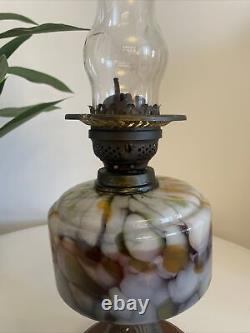 Victorian Veritas Ceramic Base & Brass Oil Lamp Stunning Art Glass Twin Burner