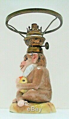Victorian Very Rare Monkey Nursery Oil Lamp With Glass Shade