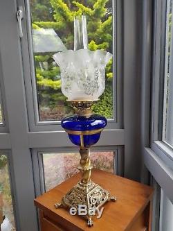 Victorian Wright & Butler Cobalt Blue Glass Dragon Griffin Oil Lamp Base Font