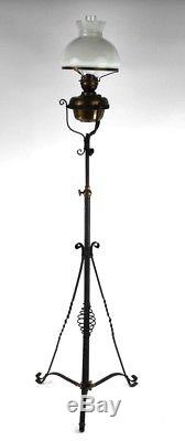Victorian Wrought Iron Extending Floor Stand Oil Lamp with Glass Shade P4812