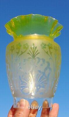 Victorian Yellow Etched Glass Oil Lamp Shade