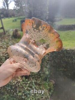 Victorian acid etched Peach tulip oil lamp shade Floral. 1 Small Chip