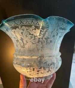 Victorian acid etched blue oil lamp shade
