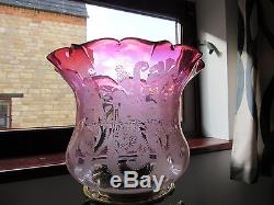 Victorian acid etched cranberry glass oil lamp shade, 4 inch fitter