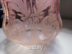 Victorian acid etched cranberry glass oil lamp shade, 4 inch fitter