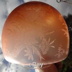 Victorian acid etched peach/amber kerosene oil lamp duplex beehive shade
