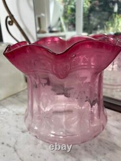 Victorian antique cranberry acid etched oil lamp shade