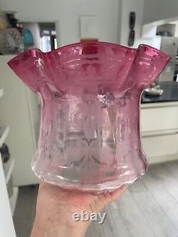 Victorian antique cranberry acid etched oil lamp shade