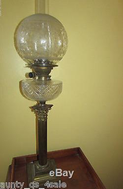 Victorian corinthan pillar brass cut glass messenger duplex oil lamp