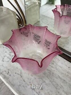 Victorian cranberry acid etched oil lamp shade