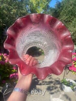 Victorian cranberry wavy top acid etched and embossed oil lamp shade