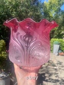 Victorian cranberry wavy top acid etched and embossed oil lamp shade