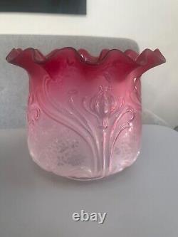 Victorian cranberry wavy top acid etched and embossed oil lamp shade