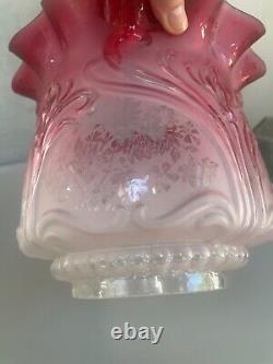 Victorian cranberry wavy top acid etched and embossed oil lamp shade