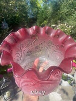 Victorian cranberry wavy top acid etched and embossed oil lamp shade