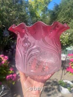 Victorian cranberry wavy top acid etched and embossed oil lamp shade