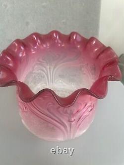 Victorian cranberry wavy top acid etched and embossed oil lamp shade