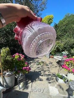 Victorian cranberry wavy top acid etched and embossed oil lamp shade