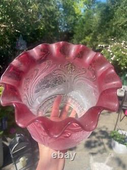 Victorian cranberry wavy top acid etched and embossed oil lamp shade