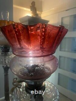 Victorian cranbery acid etched pleated top oil lamp shade